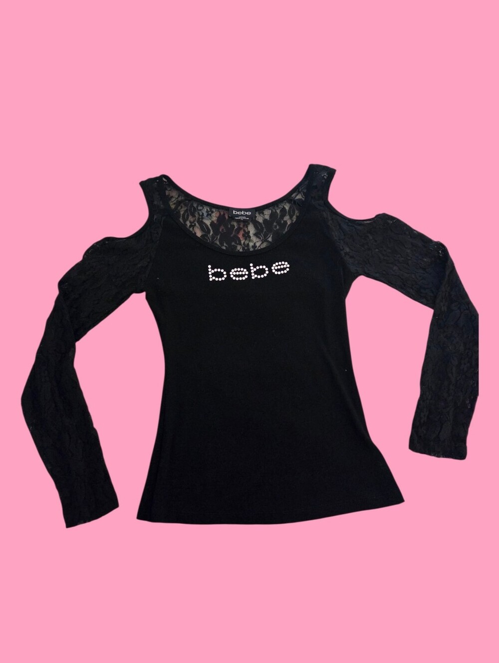 bebe Black Ribbed Top with Lace Yoke and Rhinestone Logo
